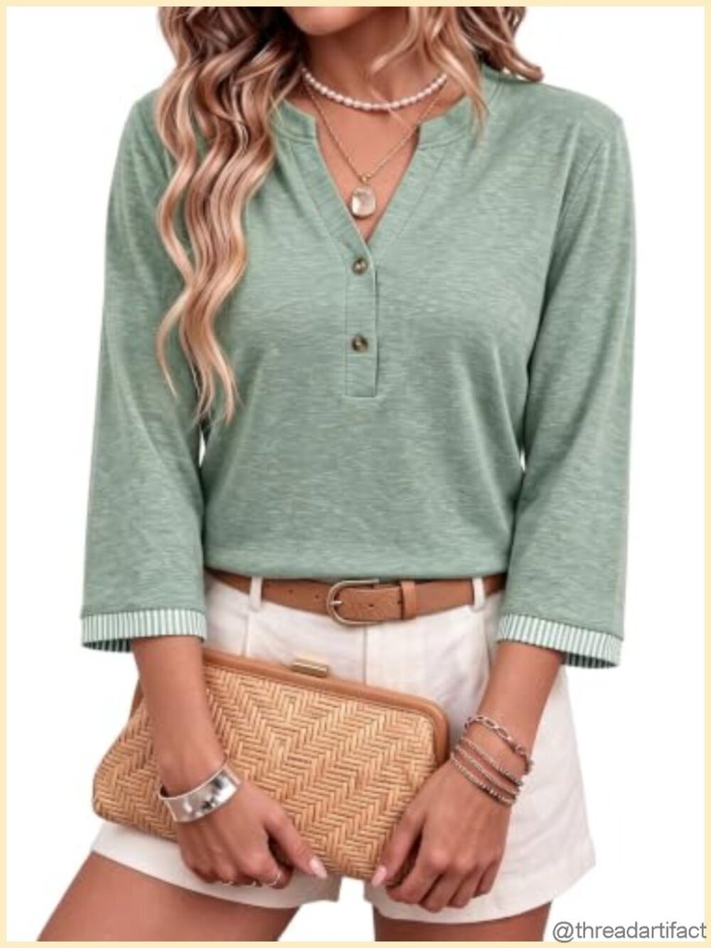 Womens 3/4 Sleeve V Neck Button Down Tunic T-Shirt Loose Fit Casual Top